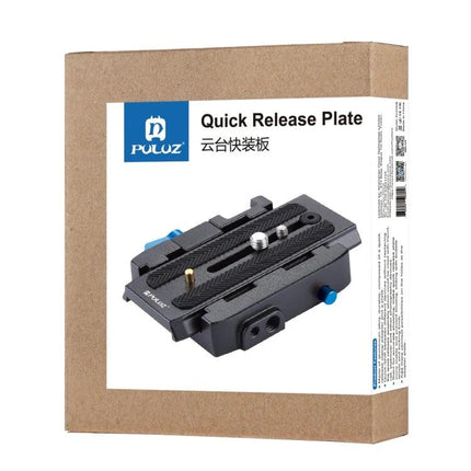 PULUZ Quick Release Clamp and Plate for Camera Photography on cardboard packaging showing black quick release plate and blue knobs