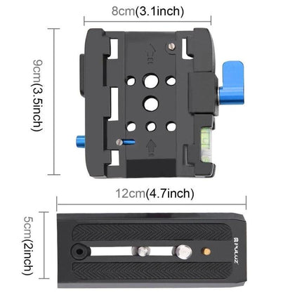 PULUZ Quick Release Clamp and Plate for Camera Photography shown top and bottom views with dimensions and blue release knobs