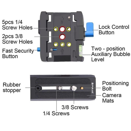 PULUZ Quick Release Clamp and Plate for Camera Photography showing labeled screw holes, lock control button, bubble level and rubber stopper