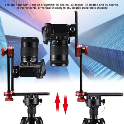PULUZ Panoramic Aluminum Ball Head Kit for Photography mounted on tripod showing vertical and horizontal 360° panoramic adjustments