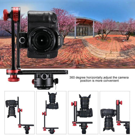 PULUZ Panoramic Aluminum Ball Head Kit for Photography mounted on camera showing 360-degree panoramic setup with red aluminum components