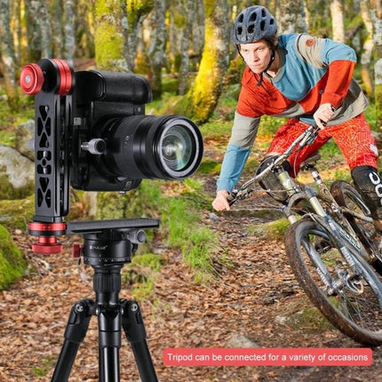 PULUZ Panoramic Aluminum Ball Head Kit for Photography mounted on tripod capturing mountain biker in forest