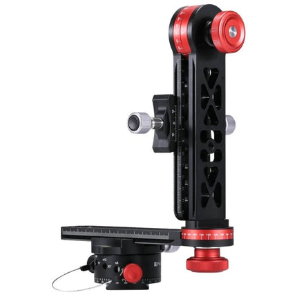 PULUZ Panoramic Aluminum Ball Head Kit for Photography showing black CNC aluminum vertical bracket with red adjustment knobs for 360° panoramic shooting