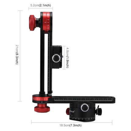 PULUZ Panoramic Aluminum Ball Head Kit for Photography showing side view with measurements, red and black aluminum panoramic base and vertical arm