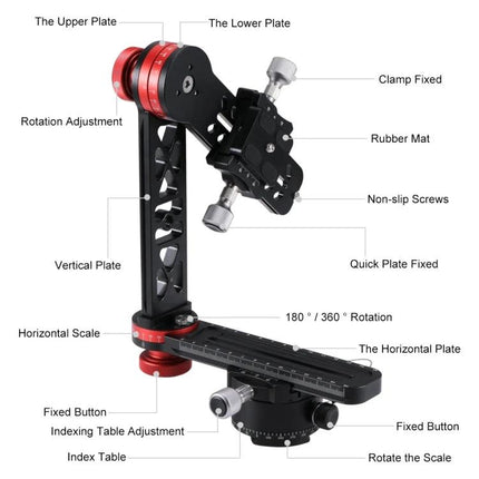 PULUZ Panoramic Aluminum Ball Head Kit for Photography diagram showing vertical plate, horizontal plate, rotation adjustment and quick plate fixed