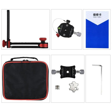 PULUZ Panoramic Aluminum Ball Head Kit for Photography showing L-shaped panoramic rail, ball head, mounting plate, bag and tools