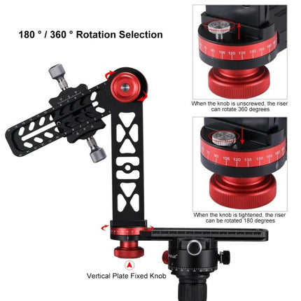 PULUZ Panoramic Aluminum Ball Head Kit for Photography shows adjustable 180°/360° rotation riser and vertical plate with precision markings