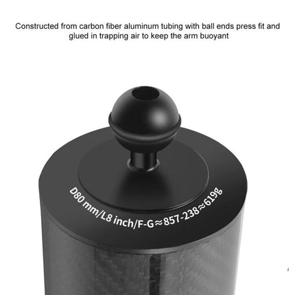 PULUZ Carbon Fiber Floating Arm for Underwater Photography close-up of carbon fiber tube with buoyant ball end, lightweight buoyant arm for dive cameras