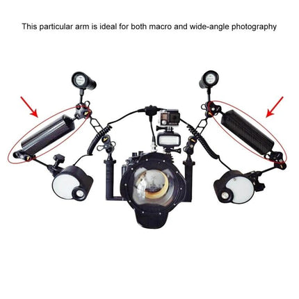 PULUZ Carbon Fiber Floating Arm for Underwater Photography attached to dual-arm camera rig for stable macro and wide-angle diving shots