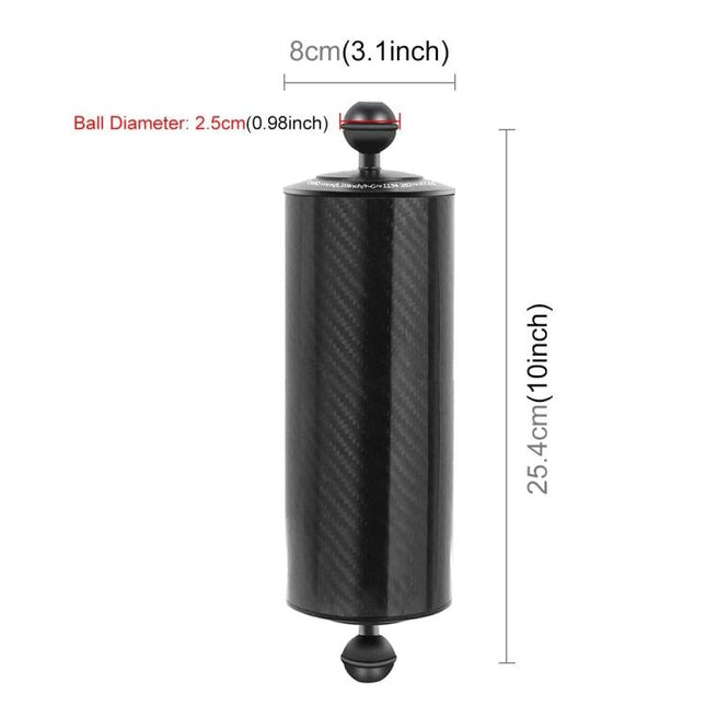 PULUZ Carbon Fiber Floating Arm with 800g Buoyancy cylindrical carbon fiber float showing 25.4cm length and 8cm diameter, top and bottom ball mounts
