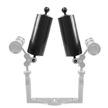 PULUZ Carbon Fiber Floating Arm with 800g Buoyancy mounted on underwater tray showing dual carbon fiber floats and ball joints