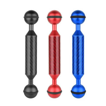 PULUZ 5-Inch Carbon Fiber Floating Arm for Underwater Use shown in black red and blue carbon fiber finishes, dual ball connectors for diving rigs