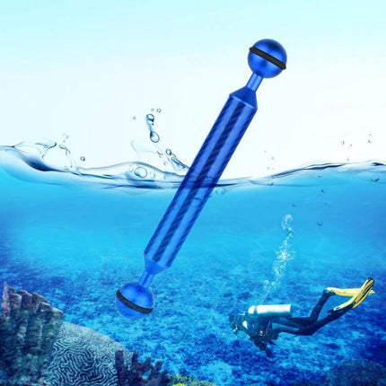 PULUZ 7 Inch Carbon Fiber Floating Arm for Camera Mounting floating in water with scuba diver and coral backdrop