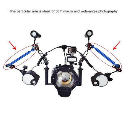 PULUZ 7 Inch Carbon Fiber Floating Arm for Camera Mounting shown attached to underwater housing with lights and handles for macro and wide-angle photography