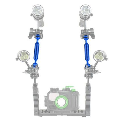 PULUZ 7 Inch Carbon Fiber Floating Arm for Camera Mounting shown in blue on underwater camera rig with lights