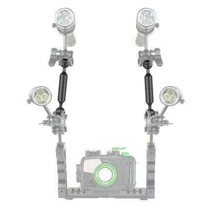 PULUZ 9-Inch Carbon Fiber Floating Arm for Photography showing dual arm between underwater camera tray and lights