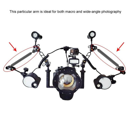 PULUZ 12 Inch Carbon Fiber Floating Arm for Photography mounted on underwater camera rig showing dual arms, strobes and buoyant carbon fiber floaters