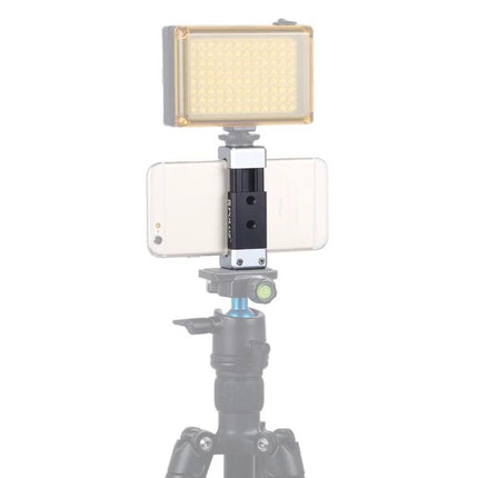 PULUZ Universal Aluminum Phone Clamp Holder with Cold Shoe Mount holding smartphone on tripod with LED light