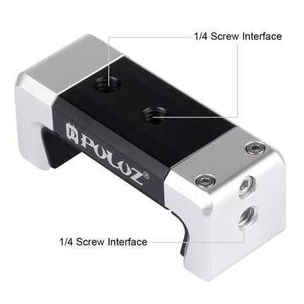 PULUZ Universal Aluminum Phone Clamp Holder with Cold Shoe Mount showing 1/4 screw interfaces and compact aluminum build