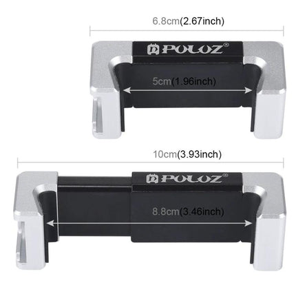 PULUZ Universal Aluminum Phone Clamp Holder with Cold Shoe Mount shown in two sizes with measurements for tripod and selfie stick use