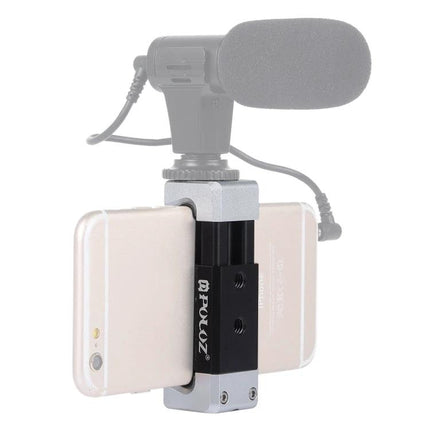 PULUZ Universal Aluminum Phone Clamp Holder with Cold Shoe Mount securing smartphone with external microphone for vlogging and streaming