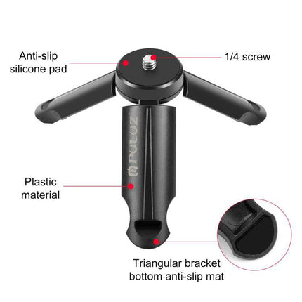 PULUZ Tripod for Everyday Phone Photography and Travel Moments compact tabletop tripod showing 1/4 screw, anti-slip silicone pad and triangular bracket