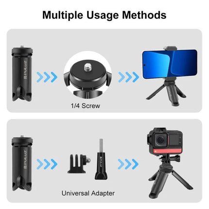 PULUZ Tripod for Everyday Phone Photography and Travel Moments compact folding tripod showing 1/4 screw and universal adapter uses