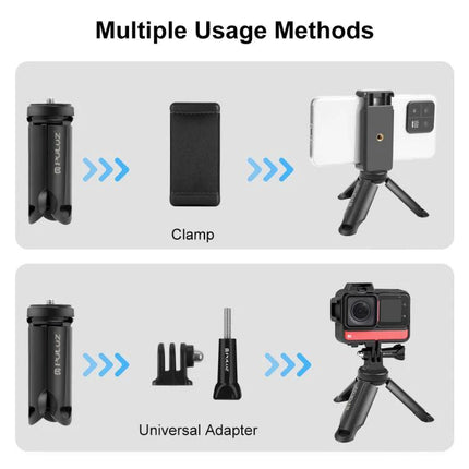 Portable Mini Tripod with Clamp for Smartphone Stability showing clamp and universal adapter uses