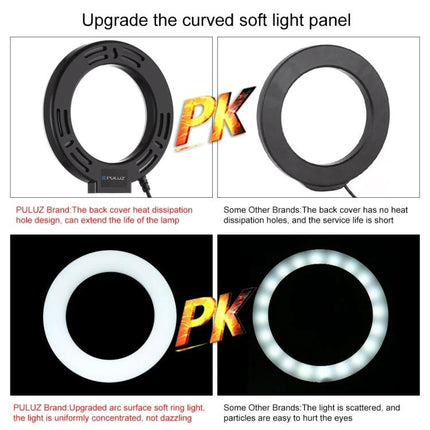 PULUZ LED Ring Light for Everyday Vlogging and Photography Sessions showing upgraded curved soft light panel and even illumination