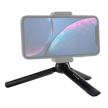PULUZ Compact Metal Desktop Tripod for Travel Photography – black mini tripod holding smartphone for low-angle shots and time-lapse
