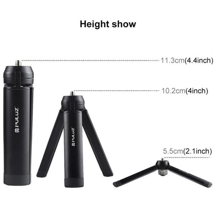 PULUZ Compact Metal Desktop Tripod for Travel Photography showing 11.3cm, 10.2cm and 5.5cm heights in folded, open and low positions