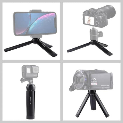 PULUZ Compact Metal Desktop Tripod for Travel Photography shown with smartphone, DSLR, action camera and camcorder for stable travel shooting