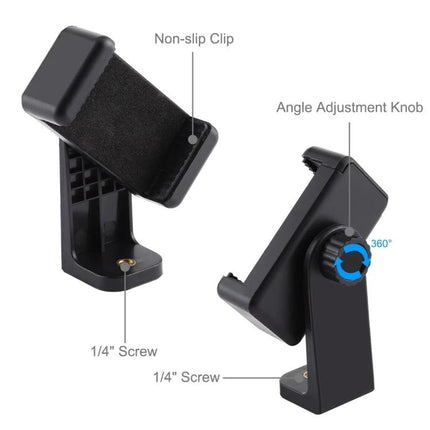 PULUZ Adjustable Desk Mount Holder for Phones and Lights showing non-slip clip, angle adjustment knob and 1/4" screw for phone and LED light positioning