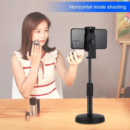 PULUZ Adjustable Desk Mount Holder for Phones and Lights showing a woman using it for horizontal makeup video calls with phone secured on retractable neck