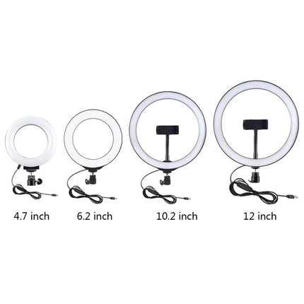 PULUZ 4.7 Inch Dimmable LED Ring Light for Video and Vlogging showing compact 4.7-inch ring beside larger 6.2, 10.2 and 12-inch models with phone holder