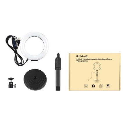 PULUZ 6.2 Inch Adjustable Ring Light with Desktop Mount for Video compact kit showing ring light, USB cable, desktop mount, stand and box