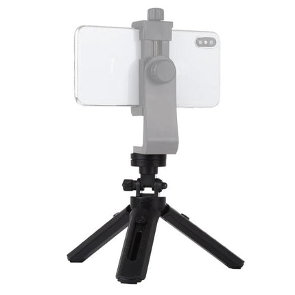 PULUZ Adjustable Desktop Tripod for Digital Cameras holding a smartphone on compact tabletop tripod with telescopic height adjustment