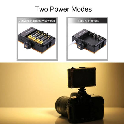 PULUZ Pocket LED Light for Vlogging and Photography Sessions compact LED with two power modes (batteries or Type-C) mounted on DSLR for warm illumination