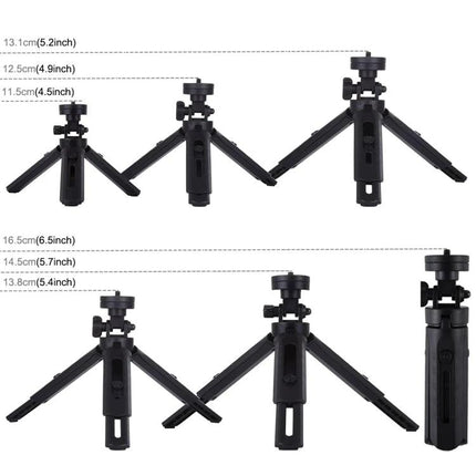 PULUZ Adjustable Desktop Tripod for Digital Cameras showing telescopic compact to extended heights and foldable legs for stable desk and travel use