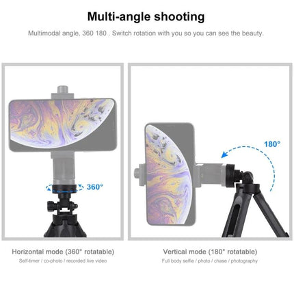 PULUZ Adjustable Desktop Tripod for Digital Cameras showing multi-angle 360° horizontal and 180° vertical rotation with phone mounted