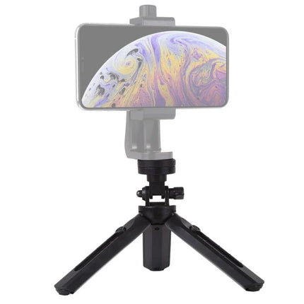 PULUZ Adjustable Desktop Tripod for Digital Cameras holding a smartphone on a compact telescopic desk tripod for stable photos and video