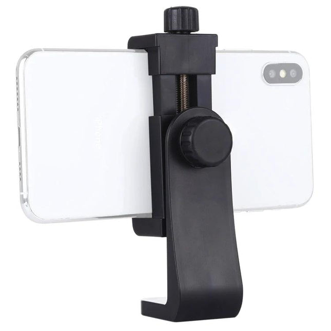 PULUZ 360-Degree Rotating Universal Phone Clamp Holder for Smartphones mounted on tripod holding white smartphone in landscape and portrait-ready position