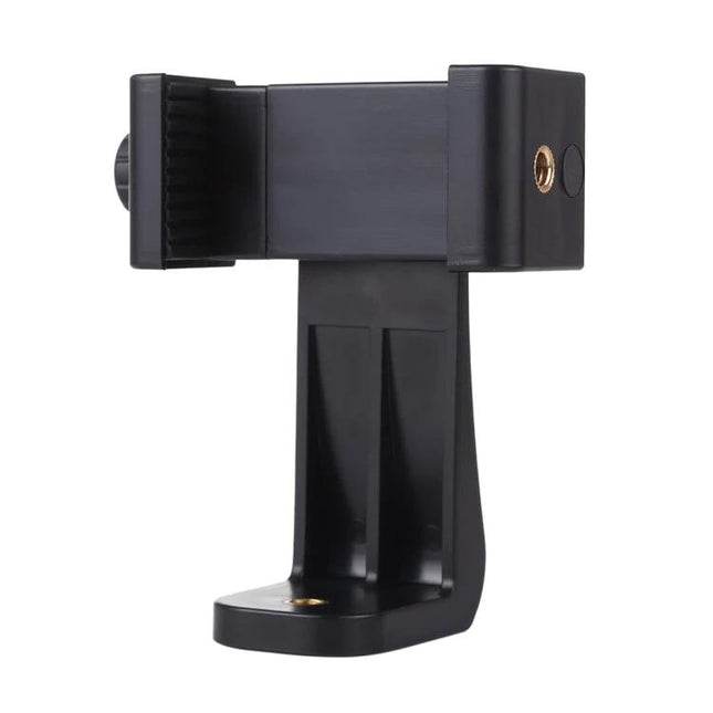 PULUZ 360-Degree Rotating Universal Phone Clamp Holder for Smartphones mounted on tripod with pivoting arm for portrait and landscape