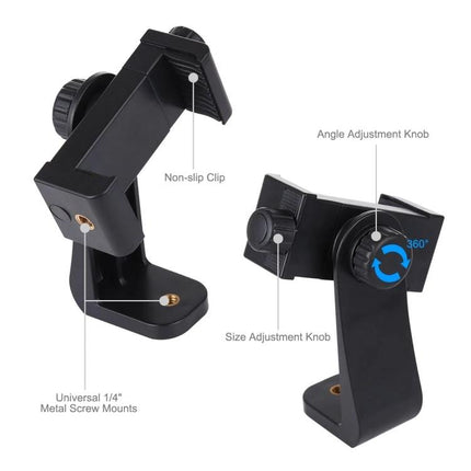 PULUZ 360-Degree Rotating Universal Phone Clamp Holder for Smartphones showing pivoting arm, non-slip clip, angle and size adjustment knobs
