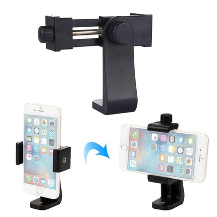 PULUZ 360-Degree Rotating Universal Phone Clamp Holder for Smartphones showing clamp mounted on tripod and switching between portrait and landscape