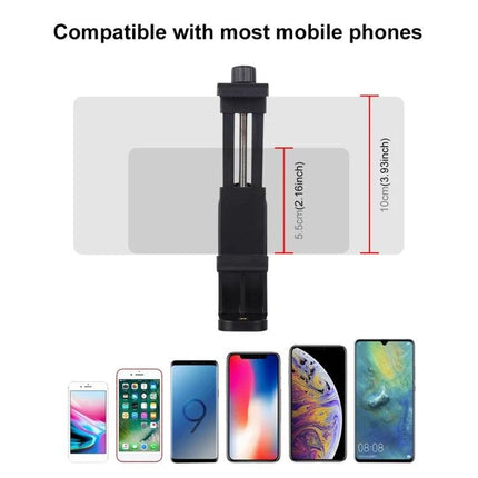 PULUZ 360-Degree Rotating Universal Phone Clamp Holder for Smartphones showing adjustable clamp size and compatible phones
