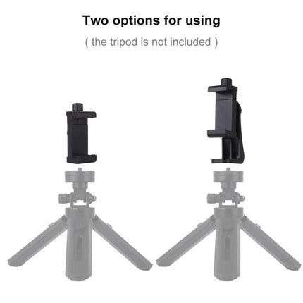 PULUZ 360-Degree Rotating Universal Phone Clamp Holder for Smartphones mounted on tripod showing portrait and landscape options