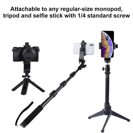PULUZ 360-Degree Rotating Universal Phone Clamp Holder for Smartphones mounted on tripod and monopod showing portrait and landscape use