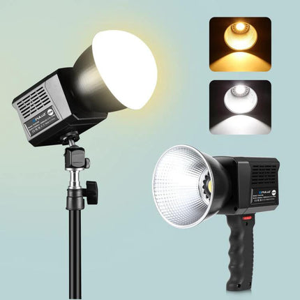 PULUZ Portable LED Video Light for Recording and Streaming shown mounted on stand and handheld, adjustable warm and cool modes
