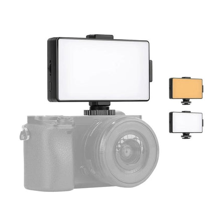 PULUZ Dimmable On-Camera Light for Photography Sessions mounted on mirrorless camera showing adjustable LED panel with warm and cool modes